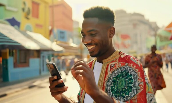 Nigerian Man Smiling While Walking and Using Mobile Phone in Rio de Janeiro