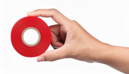 Hand holding Red Double sided sticky tape reel isolated on white background