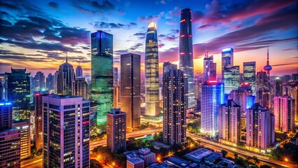 Sleek skyscrapers and neon lights illuminate a bustling metropolis, showcasing the vibrant energy and fast-paced rhythm of urban living in a contemporary cityscape.