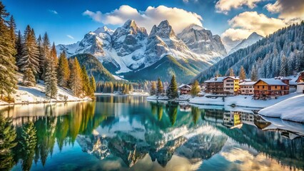 Snow-capped Italian Alps rise majestically above a serene frozen lake, surrounded by evergreen trees and rustic villages, under a crystal clear winter sky.