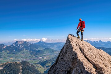 Obraz premium A climber stands triumphantly atop a rocky peak, overlooking a breathtaking mountain landscape under a clear blue sky.