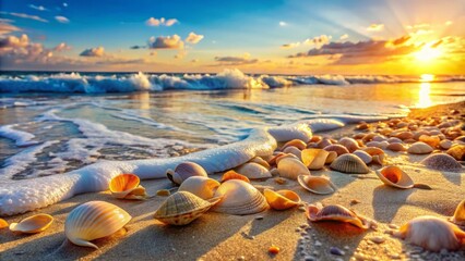 Obraz premium Soft, creamy coquina shells scattered on sandy beach, gentle waves washing over them, warm sunlight casting a serene ambiance on the coastal scene.