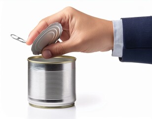 hand open metal can isolated on white background