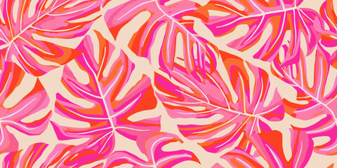 Abstract seamless tropical pattern with bright Monstera leaves on a light background, Hand drawn natural ornaments for textile, fabric, wallpaper, card, cover, poster, decoration.
