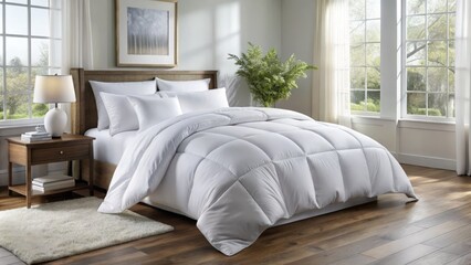 Soft, fluffy, and inviting white comforter with subtle texture and gentle folds, perfect for cozy bedroom settings, relaxation, and serene ambiance.