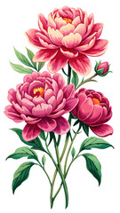 Vibrant Peony Illustration With Detailed Petals and Leaves - A colorful illustration of a peony flower showcasing vibrant petals and lush green leaves, capturing beauty and elegance in nature's design © Waliul