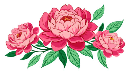 Vibrant Peony Illustration With Detailed Petals and Leaves - A colorful illustration of a peony flower showcasing vibrant petals and lush green leaves, capturing beauty and elegance in nature's design