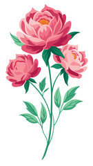 Vibrant Peony Illustration With Detailed Petals and Leaves - A colorful illustration of a peony flower showcasing vibrant petals and lush green leaves, capturing beauty and elegance in nature's design