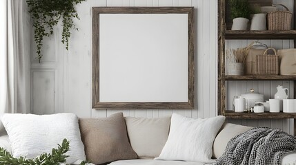 Mockup of a distressed wooden frame in a cozy farmhouse inspired living room setting  The neutral color scheme textiles and rustic shelving create a warm and inviting atmosphere