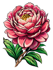 Vibrant Peony Illustration With Detailed Petals and Leaves - A colorful illustration of a peony flower showcasing vibrant petals and lush green leaves, capturing beauty and elegance in nature's design