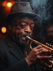 Obraz premium Older jazz musician playing trumpet, wearing a hat in a smoky, dimly lit room