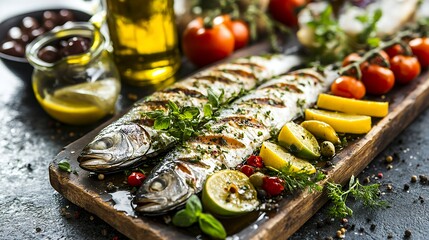Grilled fish platter with vegetables, herbs, and olive oil, showcasing a delicious meal.