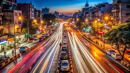 streaks of headlights and taillights illuminate bustling Indian street, capturing frenetic energy of metropolitan traffic through long exposure photography.