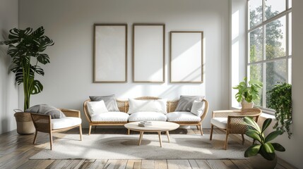 Modern Minimalist Scandinavian Living Room with White Plastic Picture Frames and Uncluttered Design