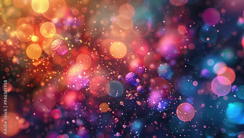 Poster a vibrant explosion of multicolored bokeh particles in the air, creating an abstract and dynamic bac