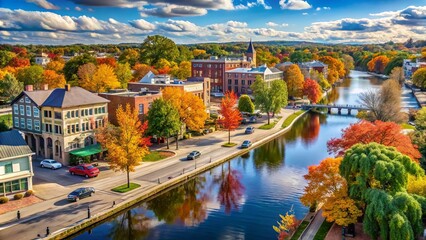 Sunny autumn afternoon in downtown East Lansing, with colorful leaves adorning tree-lined streets, charming shops, and historic buildings surrounding the scenic Grand River.