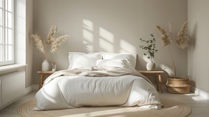 Serene Scandinavian Bedroom with Minimalistic Design and White Plastic Bedside Tables