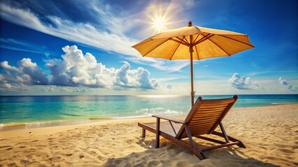 Fototapeta premium Sunny beach scene with a solitary umbrella and empty lounge chair, conveying a sense of relaxation, freedom, and rejuvenation during a break from work responsibilities.