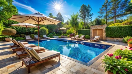 Sunny outdoor oasis featuring a sparkling blue pool surrounded by lush greenery and a spacious tiled terrace with comfortable lounge chairs and umbrellas.