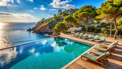 Sunny Mediterranean resort hotel with turquoise pool and stylish lounge chairs overlooking the sparkling sea and rugged coastline of Costa Brava, Spain.