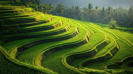 View of beautiful terraced green mountain rice fields in the morning Indonesian nature background wallpaper AI generated image