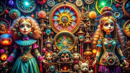 Surreal mixed-media assemblage featuring vintage clockwork mechanisms, eerie dolls, and taxidermy animals amidst a kaleidoscope of abstract shapes and vibrant, neon-lit hues.