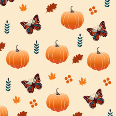 Halloween Illustration Pattern with Colorful Butterflies, Pumpkins and Fall Leaves.