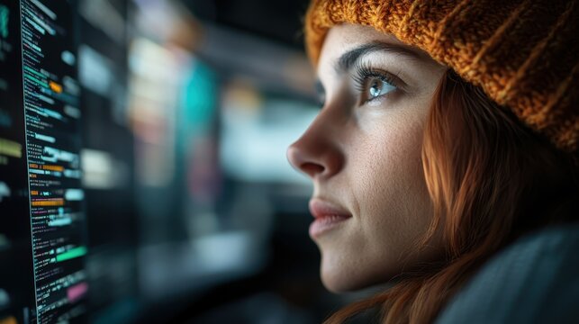 An individual with partial brown hair visible is deeply immersed in working on a computer, in a workspace filled with multiple screens showing lines of code.