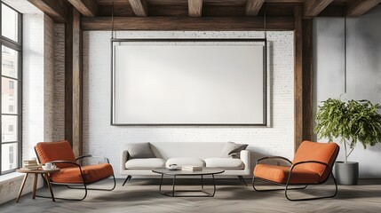 Mockup of a sleek contemporary metal frame suspended from exposed ceiling beams in a cozy mid century modern farmhouse style living room interior with minimal natural decor