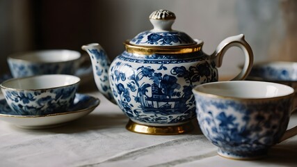 Vintage Teaware in Watercolor, Classic Tea Set Illustration