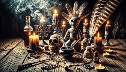 Voodoo altar with skulls, candles, and tribal doll surrounded by mystical ritual items