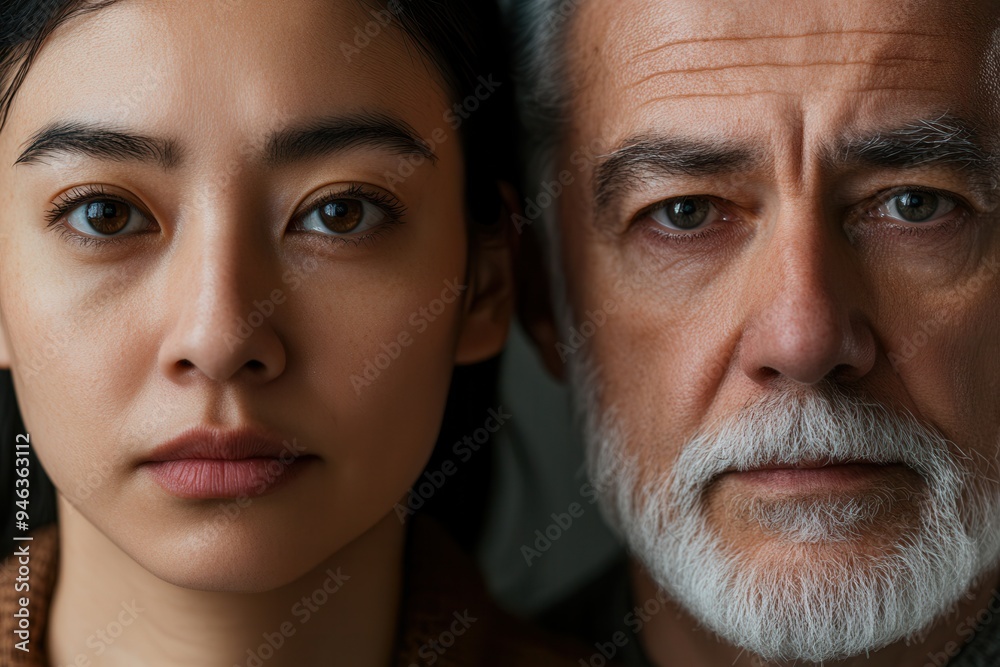 Poster A young woman and an older man face each other, their distinct features and expressions illuminated by soft lighting, creating a thought-provoking atmosphere. Generative AI