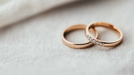 This image features a pair of gold wedding bands, with one adorned with diamonds, placed on a soft cloth, symbolizing the eternal bond and the sparkle of love in a marriage.