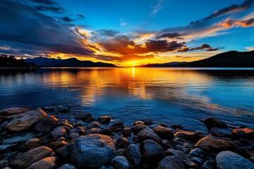 Obraz premium Lake at dusk with deepening colors, captured in a photo that shows the transition from day to night reflected in the water