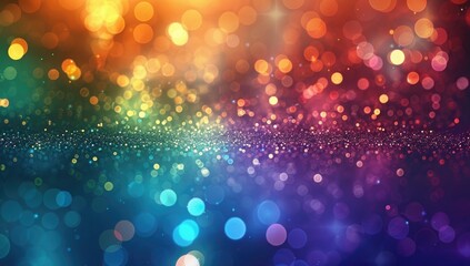 Abstract background with colorful bokeh lights and glowing particles on a dark blue background