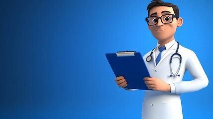 Trustworthy 3D Rendered Cartoon Doctor with Glasses and Clipboard: Professional Caucasian Male Medical Specialist Clip Art on Blue Background