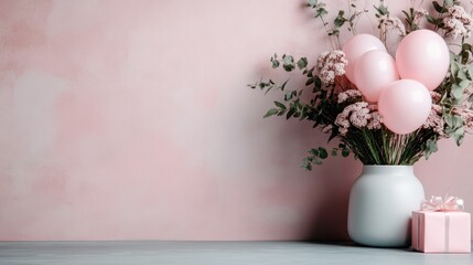 A beautiful arrangement featuring a vase of flowers alongside pink balloons and a wrapped gift box. This peaceful and pleasant setting is perfect for celebrations or decor themes.