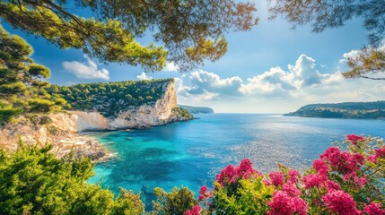 View panoramic of the coastline with blue sea and trees and flowers around background wallpaper AI generated image