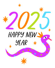 Happy New Year 2025. Poster with fun snake. Vector cartoon illustration.