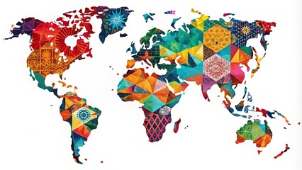 Obraz premium Vibrant, abstract geographic map featuring intricate geometric patterns and shapes in bold colors, blending modern design with traditional cartography elements on a white background.