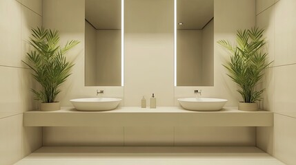 Obraz premium Sleek, minimalist bathroom with two identical sinks, clean lines, and neutral tones.