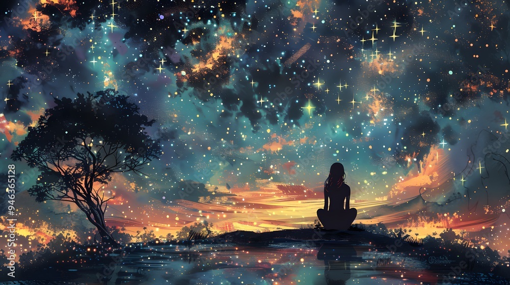 Wall mural Woman Silhouetted Against a Starry Night Sky.