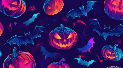 Obraz premium Futuristic Halloween pattern with digital-style bats and neon-colored pumpkins.