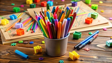 Vibrant, assorted markers with brightly colored ink stand upright in a container, surrounded by scattered paper scraps and creative doodles on a wooden desk surface.