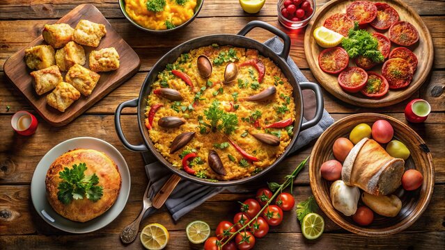 Vibrant arrangement of traditional Spanish dishes, including paella, tortilla espa&ntilde;ola, empanadas, and croquetas, on a rustic wooden table, surrounded by fresh ingredients and wine.