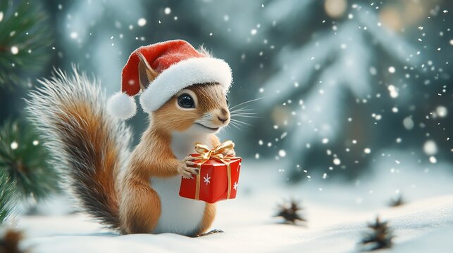 Cute Squirrel in a Santa Hat Holding a Gift