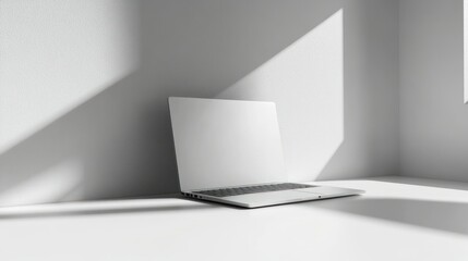 A Silver Laptop in a White Room with Shadows