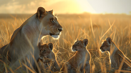 The mother lion is playing with her cubs in the grassland