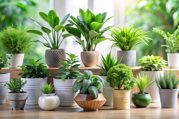 Fototapeta premium Stylish Set of Green Potted Plants: Perfect for Modern Interior Decoration, home decor