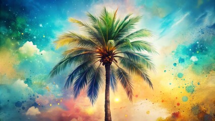 Vibrant blue and green paint splatters surround a majestic palm tree standing tall against a warm, sunny background with a subtle gradient of soft pastels.